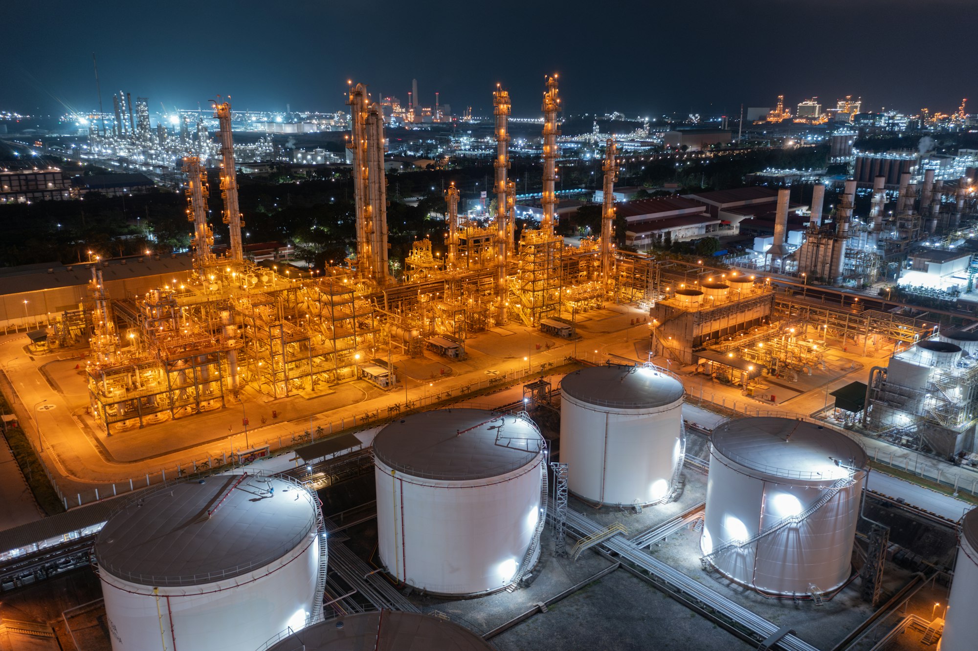 Elevated Night View of an Oil Refinery Complex